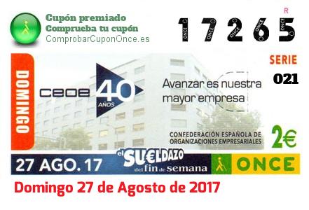 Sueldazo ONCE premiado el Domingo 27/8/2017