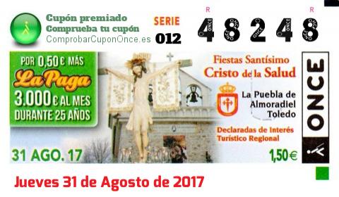 Cupón ONCE premiado el Jueves 31/8/2017