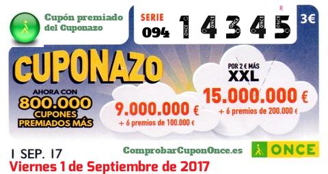Cuponazo ONCE premiado el Viernes 1/9/2017