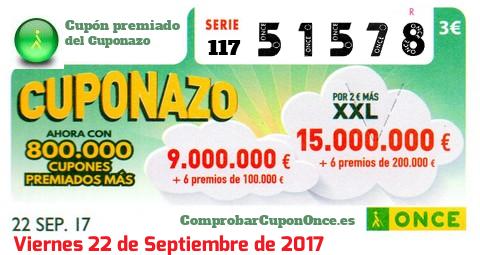 Cuponazo ONCE premiado el Viernes 22/9/2017