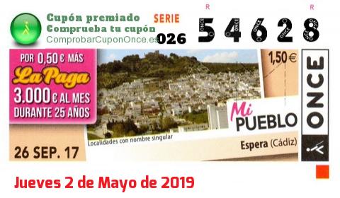 Cupón ONCE premiado el Martes 26/9/2017