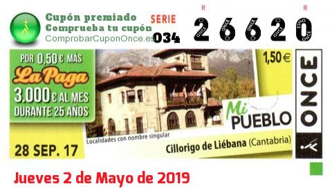 Cupón ONCE premiado el Jueves 28/9/2017