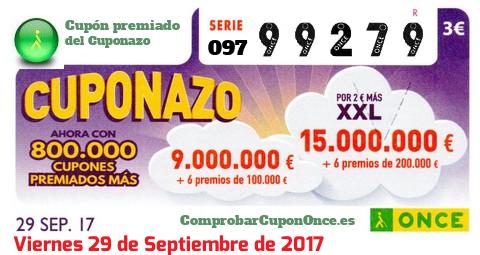 Cuponazo ONCE premiado el Viernes 29/9/2017