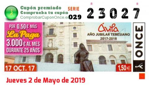 Cupón ONCE premiado el Martes 17/10/2017