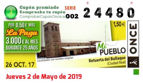 Cupón ONCE premiado el Jueves 26/10/2017