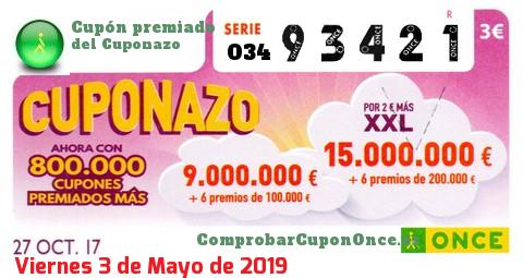 Cuponazo ONCE premiado el Viernes 27/10/2017