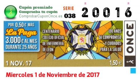 Cupón ONCE premiado el Miercoles 1/11/2017