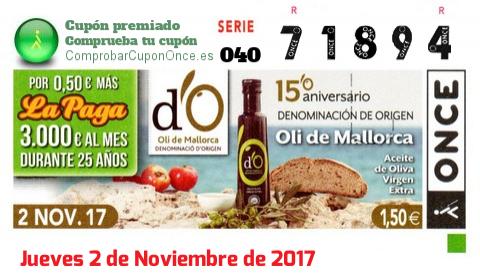 Cupón ONCE premiado el Jueves 2/11/2017