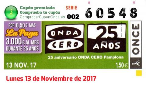 Cupón ONCE premiado el Lunes 13/11/2017
