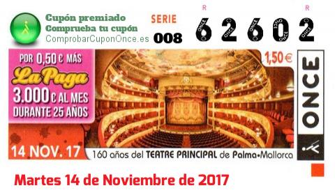 Cupón ONCE premiado el Martes 14/11/2017