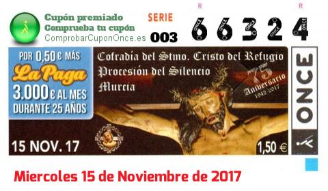 Cupón ONCE premiado el Miercoles 15/11/2017