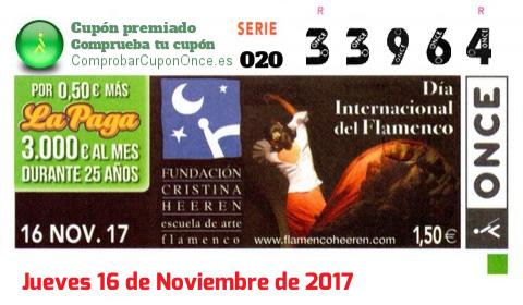 Cupón ONCE premiado el Jueves 16/11/2017