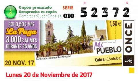 Cupón ONCE premiado el Lunes 20/11/2017