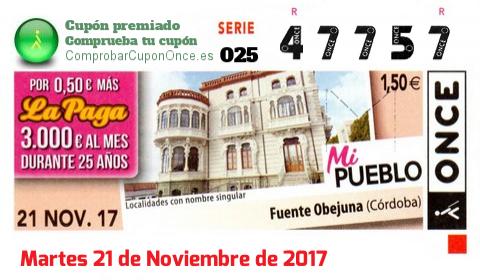 Cupón ONCE premiado el Martes 21/11/2017