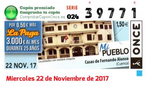 Cupón ONCE premiado el Miercoles 22/11/2017