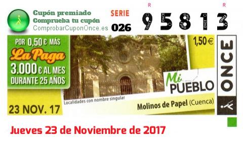 Cupón ONCE premiado el Jueves 23/11/2017