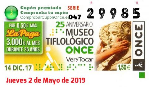 Cupón ONCE premiado el Jueves 14/12/2017