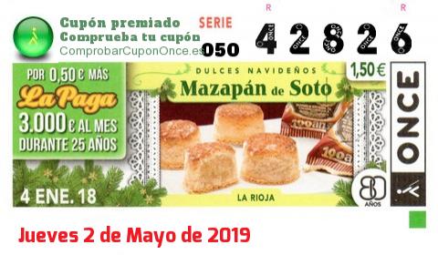 Cupón ONCE premiado el Jueves 4/1/2018