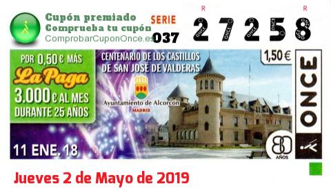 Cupón ONCE premiado el Jueves 11/1/2018