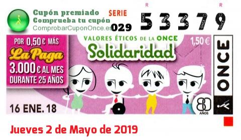 Cupón ONCE premiado el Martes 16/1/2018