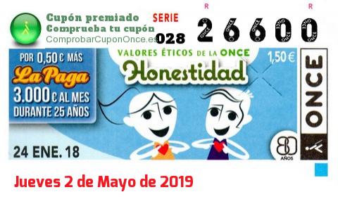 Cupón ONCE premiado el Miercoles 24/1/2018