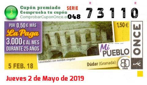 Cupón ONCE premiado el Lunes 5/2/2018