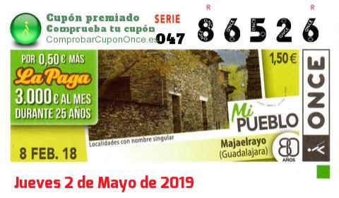 Cupón ONCE premiado el Jueves 8/2/2018