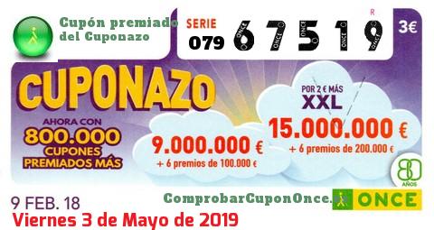 Cuponazo ONCE premiado el Viernes 9/2/2018