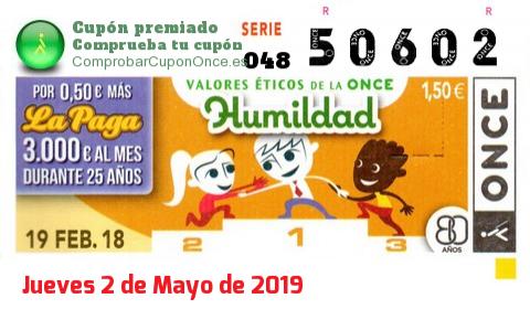 Cupón ONCE premiado el Lunes 19/2/2018