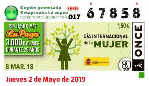 Cupón ONCE premiado el Jueves 8/3/2018