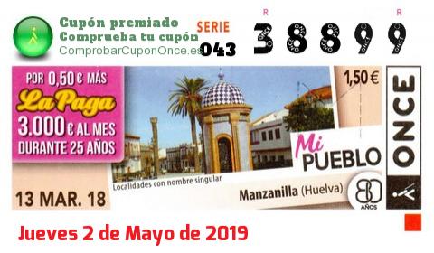 Cupón ONCE premiado el Martes 13/3/2018