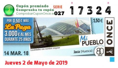 Cupón ONCE premiado el Miercoles 14/3/2018