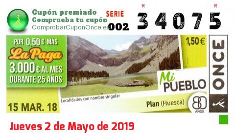 Cupón ONCE premiado el Jueves 15/3/2018