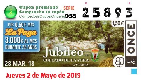 Cupón ONCE premiado el Miercoles 28/3/2018