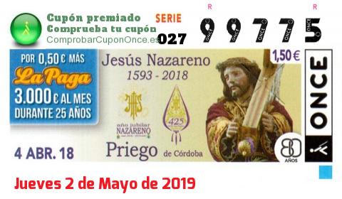 Cupón ONCE premiado el Miercoles 4/4/2018