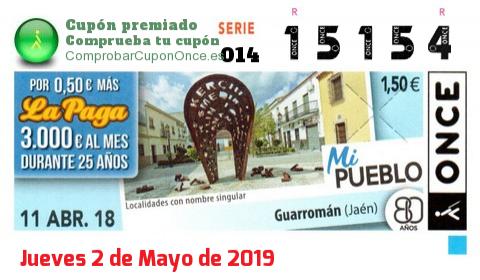 Cupón ONCE premiado el Miercoles 11/4/2018