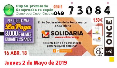 Cupón ONCE premiado el Lunes 16/4/2018