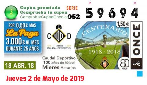 Cupón ONCE premiado el Miercoles 18/4/2018