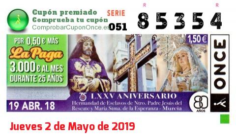 Cupón ONCE premiado el Jueves 19/4/2018