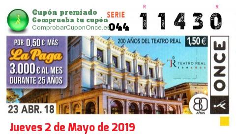 Cupón ONCE premiado el Lunes 23/4/2018