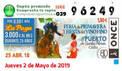 Cupón ONCE premiado el Miercoles 25/4/2018