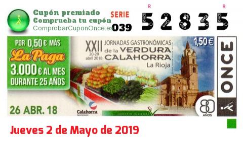 Cupón ONCE premiado el Jueves 26/4/2018