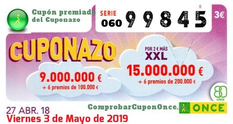 Cuponazo ONCE premiado el Viernes 27/4/2018
