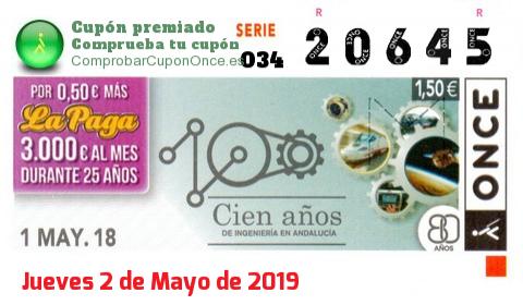 Cupón ONCE premiado el Martes 1/5/2018