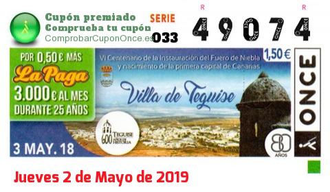 Cupón ONCE premiado el Jueves 3/5/2018