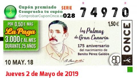 Cupón ONCE premiado el Jueves 10/5/2018