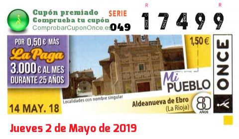 Cupón ONCE premiado el Lunes 14/5/2018