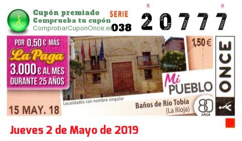 Cupón ONCE premiado el Martes 15/5/2018