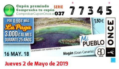 Cupón ONCE premiado el Miercoles 16/5/2018