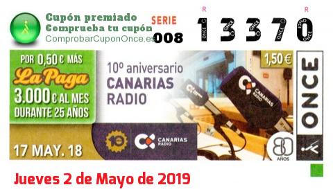 Cupón ONCE premiado el Jueves 17/5/2018